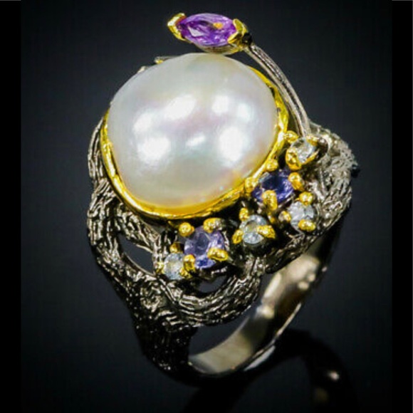 Natural Baroque Pearl Ring with Gems